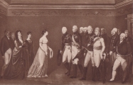 Begenung König Friedrich Wilhelms III. und der Königin Luise mit dem Zaren Alexander I. von Russland in Memel am 10. Juni 1802. Stich von Bolt nach einem Gemälde von Dähling. 1805